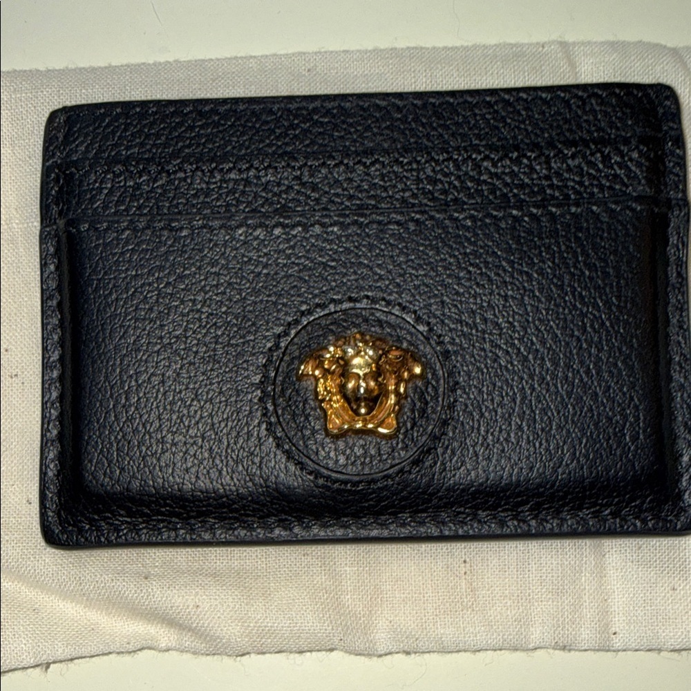 Versace Black Leather Card Holder with Gold Medallion Accent